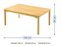 Masif Tablalı Ahşap Masa 120x80x54 cm ölçüleri: genişlik 120 cm, derinlik 80 cm, yükseklik 54 cm