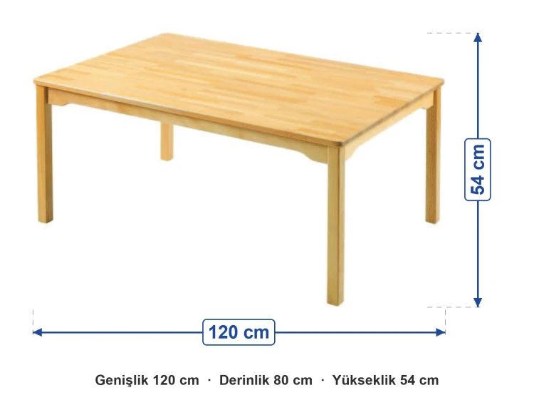 Masif Tablalı Ahşap Masa 120x80x54 cm ölçüleri: genişlik 120 cm, derinlik 80 cm, yükseklik 54 cm