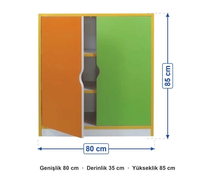 2 Kapaklı Sınıf Dolabı 80x35x85 cm ölçüleri: genişlik 80 cm, derinlik 35 cm, yükseklik 85 cm