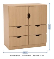 2 Kapaklı 4 Çekmeceli Kayın Öğrenci Dolabı ölçüleri: genişlik 70 cm, derinlik 35 cm, yükseklik 76 cm