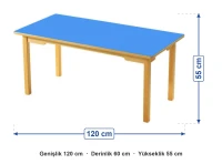 Mavi Tablalı Ahşap Ayaklı Masa 120x60x55 cm ölçüleri: genişlik 120 cm, derinlik 60 cm, yükseklik 55 cm
