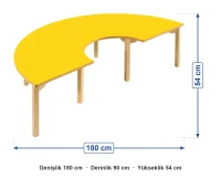 Sarı Ahşap Ayaklı Yarım Daire Masa 180x90x54 cm ölçüleri: genişlik 180 cm, derinlik 90 cm, yükseklik 54 cm