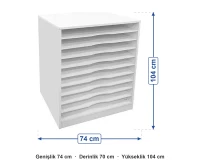 Dalgalı Raflı Fon Karton Dolabı 74x70x104 cm ölçüleri: genişlik 74 cm, derinlik 70 cm, yükseklik 104 cm