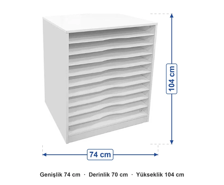 Dalgalı Raflı Fon Karton Dolabı 74x70x104 cm ölçüleri: genişlik 74 cm, derinlik 70 cm, yükseklik 104 cm