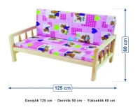 Minderli Ahşap Üçlü Koltuk 50x125x60 cm ölçüleri: genişlik 125 cm, derinlik 50 cm, yükseklik 60 cm