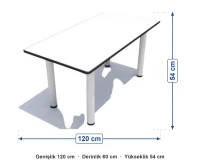 Beyaz Tablalı Metal Ayaklı Masa 60x120 cm ölçüleri: genişlik 120 cm, derinlik 60 cm, yükseklik 54 cm