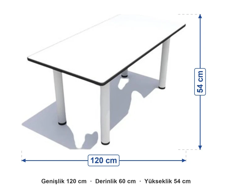 Beyaz Tablalı Metal Ayaklı Masa 60x120 cm ölçüleri: genişlik 120 cm, derinlik 60 cm, yükseklik 54 cm