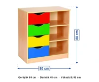 Dört Çekmeceli Raflı Dolap 80x45x88 cm ölçüleri: genişlik 80 cm, derinlik 45 cm, yükseklik 88 cm