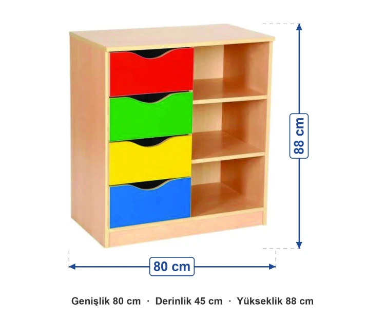 Dört Çekmeceli Raflı Dolap 80x45x88 cm ölçüleri: genişlik 80 cm, derinlik 45 cm, yükseklik 88 cm