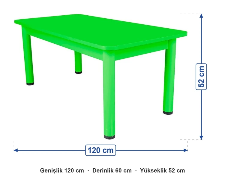 Ahşap Bazalı Dikdörtgen Yeşil Masa Metal Ayaklı (60x120) ölçüleri: genişlik 120 cm, derinlik 60 cm, yükseklik 52 cm