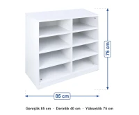 8 Bölmeli Açık Raflı Dolap 85x40x75 cm ölçüleri: genişlik 85 cm, derinlik 40 cm, yükseklik 75 cm