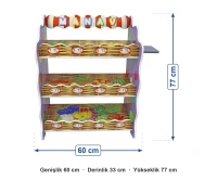 Ahşap Manav Reyonu 60x33x77 cm ölçüleri: genişlik 60 cm, derinlik 33 cm, yükseklik 77 cm