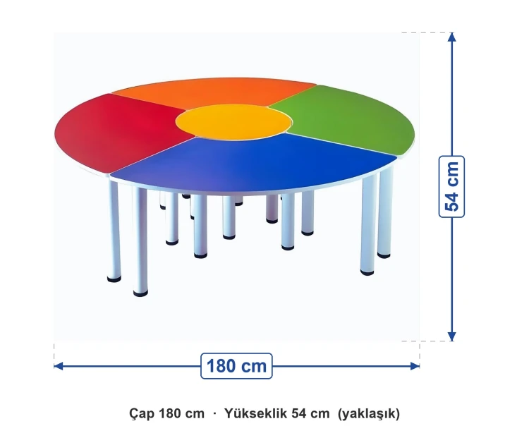 Daire Masa 5 Parça 180 cm ölçüleri: çap 180 cm, yükseklik 54 cm (yaklaşık)