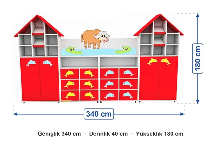 Çatılı Grup Dolap Seti ölçüleri: genişlik 340 cm, derinlik 40 cm, yükseklik 180 cm