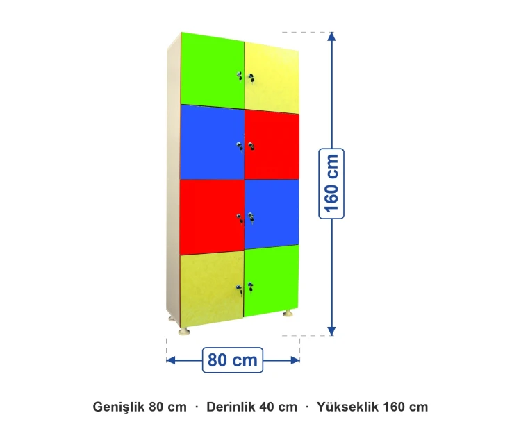 Kilitli 8 Kapaklı Dolap 80x40x160 cm ölçüleri: genişlik 80 cm, derinlik 40 cm, yükseklik 160 cm