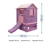 Plastik İki Kapılı Kaydıraklı Ev Pembe ölçüleri: genişlik 160 cm, derinlik 90 cm, yükseklik 106 cm