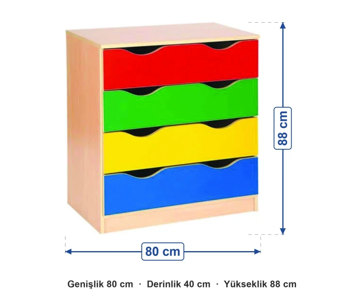 4 Çekmeceli Renkli Dolap 80x40x88 cm ölçüleri: genişlik 80 cm, derinlik 40 cm, yükseklik 88 cm