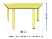 Metal Ayaklı Trapez Masa 120x60x54 cm ölçüleri: genişlik 120 cm, derinlik 60 cm, yükseklik 54 cm