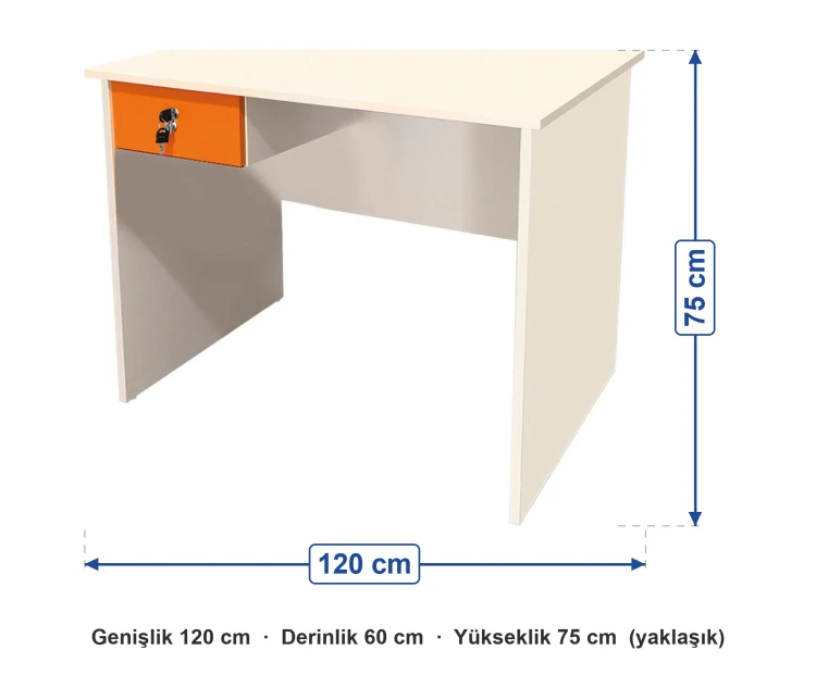 Öğretmen Masası ölçüleri: genişlik 120 cm, derinlik 60 cm, yükseklik 75 cm (yaklaşık)