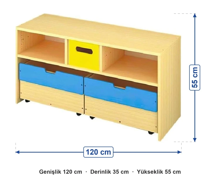 Üç Gözlü İki Sandıklı Dolap 120x35x55 cm ölçüleri: genişlik 120 cm, derinlik 35 cm, yükseklik 55 cm