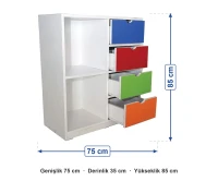 4 Çekmeceli 2 Raflı Dolap 75x35x85 cm ölçüleri: genişlik 75 cm, derinlik 35 cm, yükseklik 85 cm