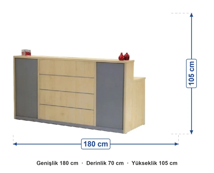 Çekmece Görünümlü Kompakt Banko 180x70x105 cm ölçüleri: genişlik 180 cm, derinlik 70 cm, yükseklik 105 cm