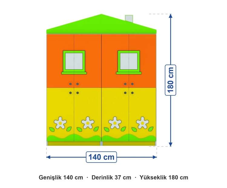 Çatılı Tek Katlı Ev Figürlü Vestiyer 140x37x180 cm ölçüleri: genişlik 140 cm, derinlik 37 cm, yükseklik 180 cm
