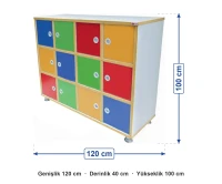 12 Kapaklı Öğrenci Dolabı ölçüleri: genişlik 120 cm, derinlik 40 cm, yükseklik 100 cm