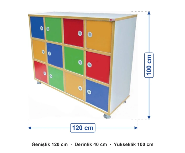 12 Kapaklı Öğrenci Dolabı ölçüleri: genişlik 120 cm, derinlik 40 cm, yükseklik 100 cm