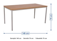 Werzalit Tablalı Yemekhane Masası 140x70x75 cm ölçüleri: genişlik 140 cm, derinlik 70 cm, yükseklik 75 cm