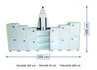 Roket Figürlü Grup Dolap 220x35x200 cm ölçüleri: genişlik 220 cm, derinlik 35 cm, yükseklik 200 cm