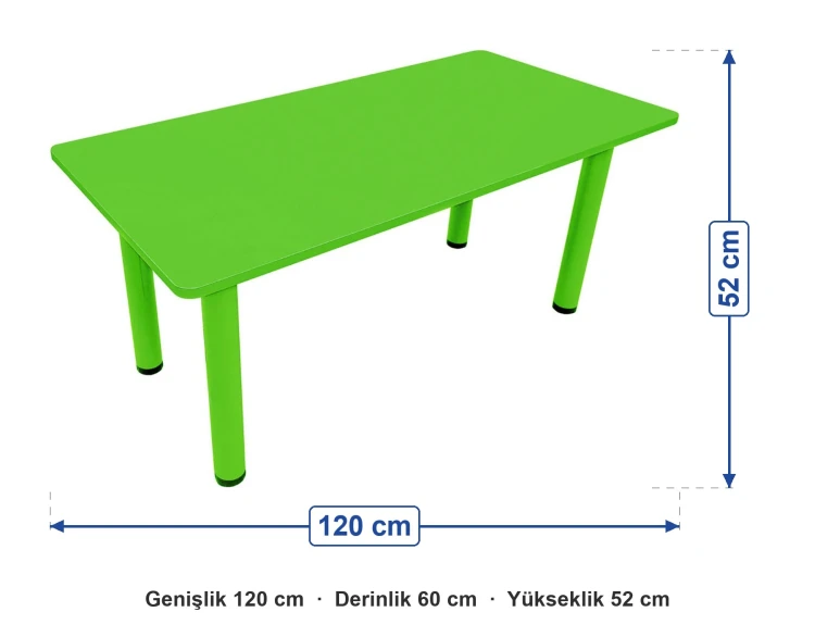 Ahşap 60x120 Yeşil Masa Metal Ayaklı ölçüleri: genişlik 120 cm, derinlik 60 cm, yükseklik 52 cm
