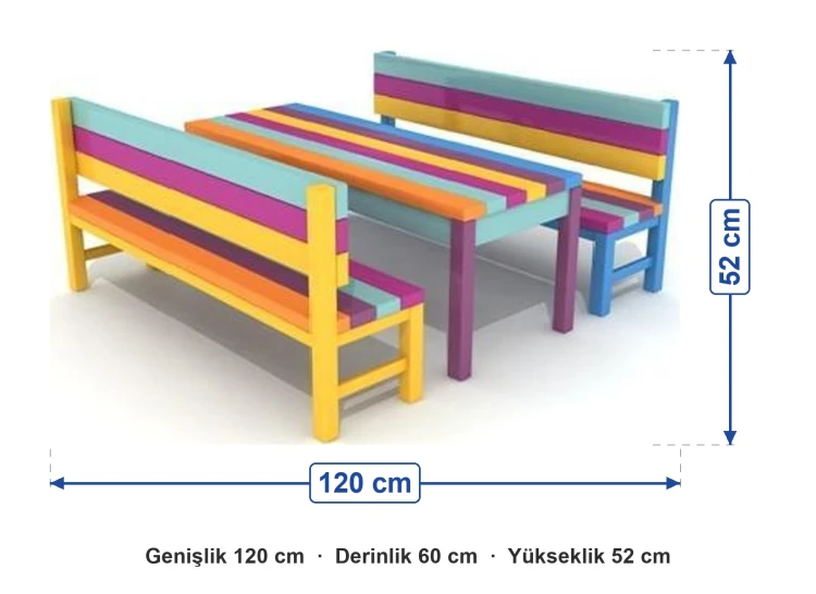 Renkli Emprenyeli Piknik Masası Takımı ölçüleri: genişlik 120 cm, derinlik 60 cm, yükseklik 52 cm