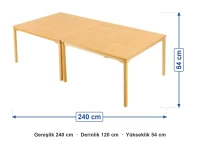 Naturel Ahşap Dikdörtgen Masa Grubu 240x120x54 cm ölçüleri: genişlik 240 cm, derinlik 120 cm, yükseklik 54 cm