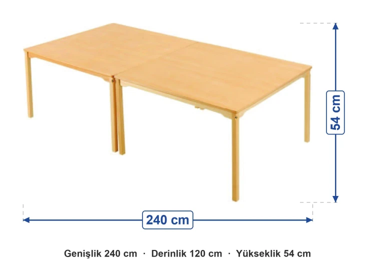 Naturel Ahşap Dikdörtgen Masa Grubu 240x120x54 cm ölçüleri: genişlik 240 cm, derinlik 120 cm, yükseklik 54 cm