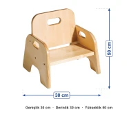 Kolçaklı Masif Ahşap Bebek Sandalyesi 30x30x50 cm ölçüleri: genişlik 30 cm, derinlik 30 cm, yükseklik 50 cm