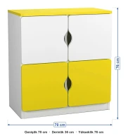 4 Kapaklı Sarı Beyaz Öğrenci Dolabı ölçüleri: genişlik 70 cm, derinlik 36 cm, yükseklik 76 cm