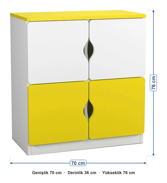 4 Kapaklı Sarı Beyaz Öğrenci Dolabı ölçüleri: genişlik 70 cm, derinlik 36 cm, yükseklik 76 cm