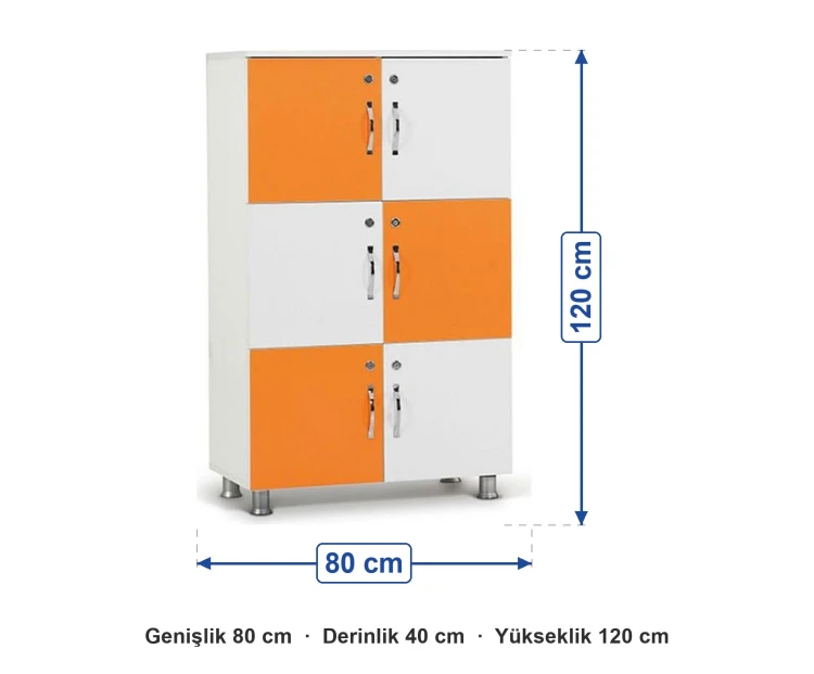 Damalı Turuncu Beyaz 6 Kapaklı Dolap 80x40x120 cm ölçüleri: genişlik 80 cm, derinlik 40 cm, yükseklik 120 cm