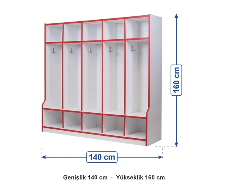 Anaokulu Açık Portmanto ve Ayakkabılık B ölçüleri: genişlik 140 cm, yükseklik 160 cm