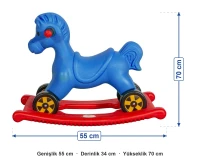 Anaokulu Sallanan Truva Atı Mavi ölçüleri: genişlik 55 cm, derinlik 34 cm, yükseklik 70 cm