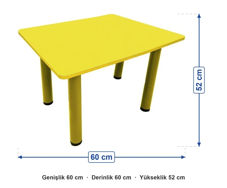 Ahşap 60x60 Sarı Kare Masa Metal Ayaklı ölçüleri: genişlik 60 cm, derinlik 60 cm, yükseklik 52 cm