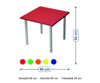Metal Ayaklı Ahşap Kare Masa 60x60x54 cm ölçüleri: genişlik 60 cm, derinlik 60 cm, yükseklik 54 cm