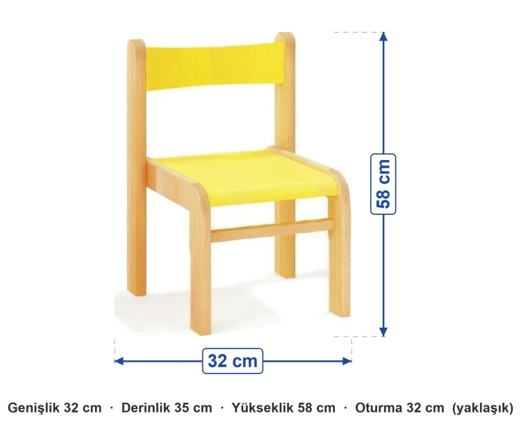 Renkli Kontra Sandalye Sarı Oturaklı ölçüleri: genişlik 32 cm, derinlik 35 cm, yükseklik 58 cm, oturma 32 cm (yaklaşık)