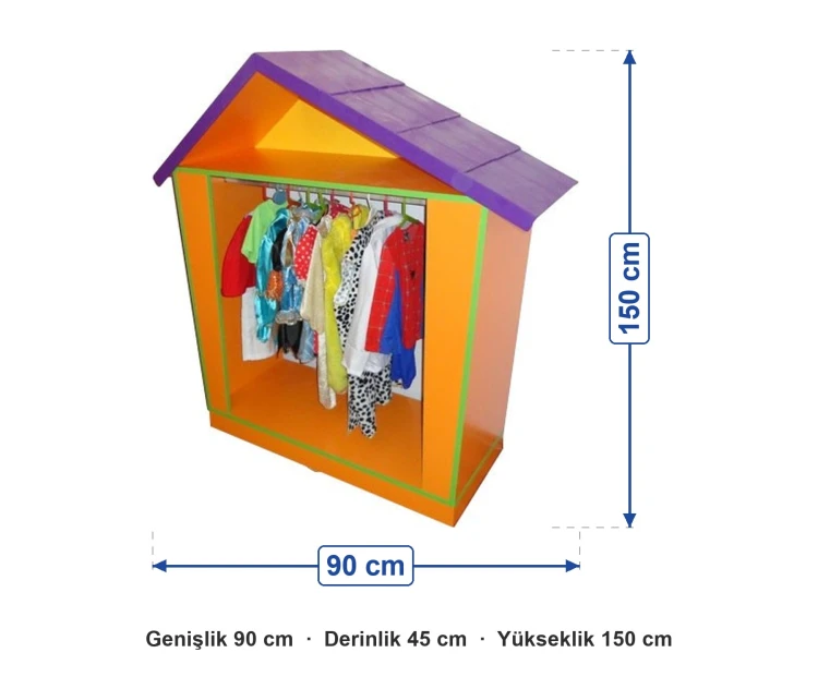 Ev Biçimli Kostüm Dolabı 90x45x150 cm ölçüleri: genişlik 90 cm, derinlik 45 cm, yükseklik 150 cm