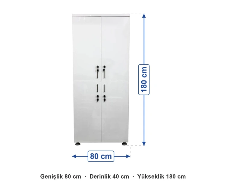 4 Kapaklı Kişisel Dolap 80x40x180 cm ölçüleri: genişlik 80 cm, derinlik 40 cm, yükseklik 180 cm