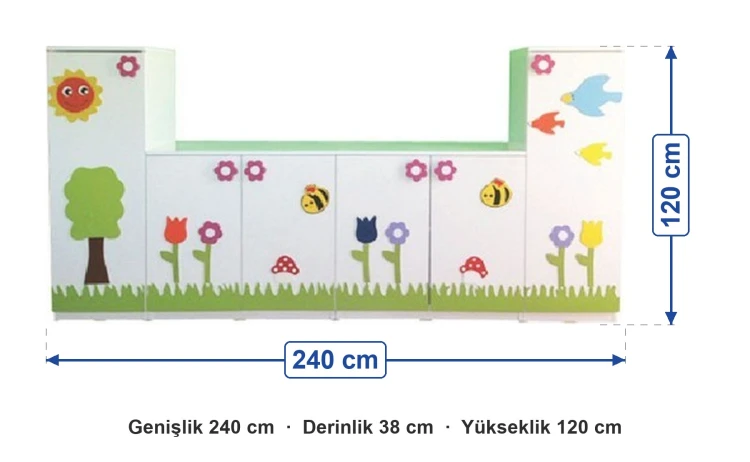 Doğa Figürlü Dolap Seti 240x38x120 cm ölçüleri: genişlik 240 cm, derinlik 38 cm, yükseklik 120 cm