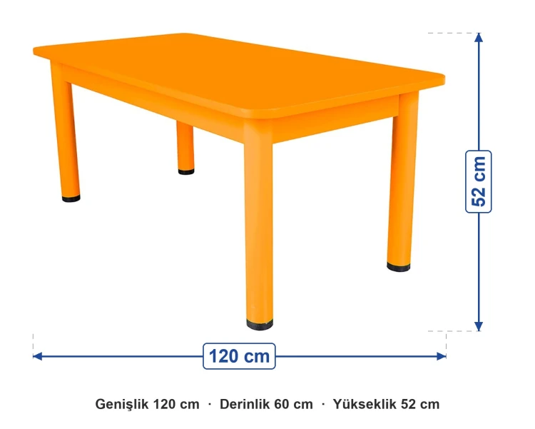 Ahşap Bazalı Dikdörtgen Turuncu Masa Metal Ayaklı (60x120) ölçüleri: genişlik 120 cm, derinlik 60 cm, yükseklik 52 cm