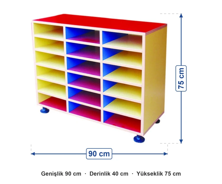 18 Gözlü Renkli Raf Dolabı 90x40x75 cm ölçüleri: genişlik 90 cm, derinlik 40 cm, yükseklik 75 cm