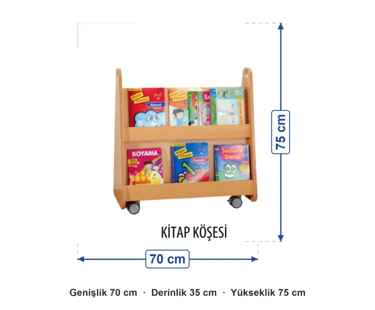 Tekerlekli Kitap Köşesi Rafı 70x35x75 cm ölçüleri: genişlik 70 cm, derinlik 35 cm, yükseklik 75 cm